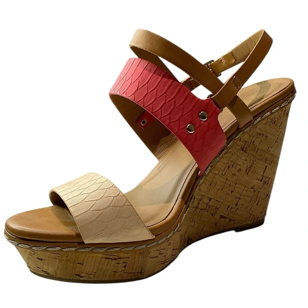 Maurices Tan and Coral Wedge Sandals Size 8